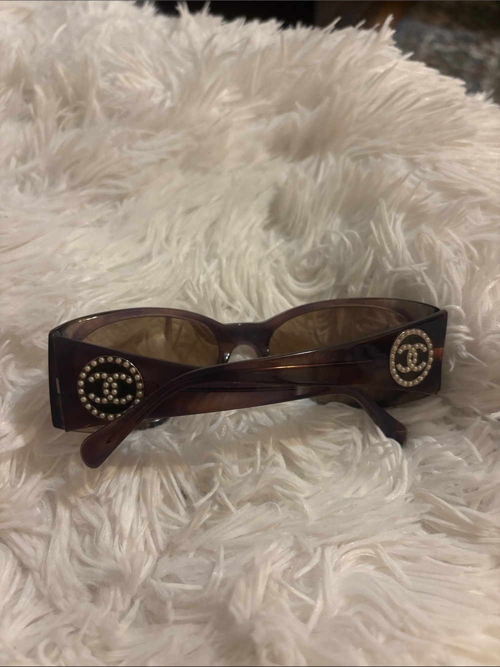 CHANEL Brown Sunglasses with Pearl-Embellished CC Medallions